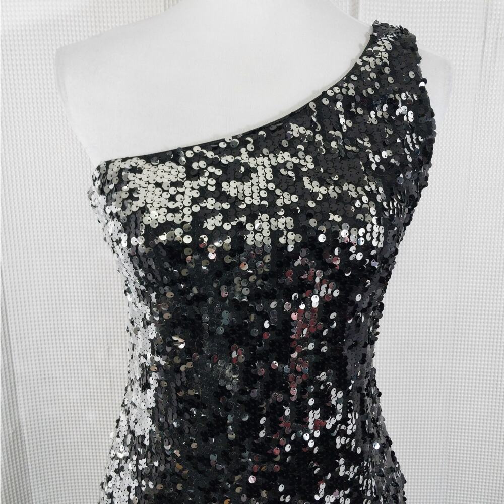 NWOT! AS U WISH! LUXURIOUS SINGLE SHOULDER, BLACK & SILVER SEQUINNED DRESS! SZ L - Picture 3 of 11